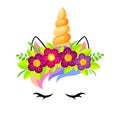 Cute unicorn face with flowers wreath. Girlish print with unicorn for t-shirt Royalty Free Stock Photo